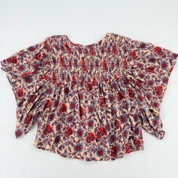 Free People Ruffled Up Printed Smocked Boho Top Linen Blend S - Picture 10 of 12